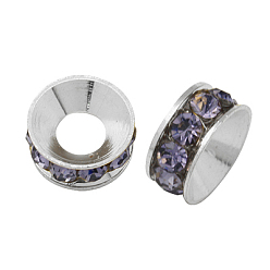 Violet Brass Rhinestone Spacer Beads, Grade A, Rondelle, Silver Color Plated, Violet, 10x4.2mm, Hole: 5.2~5.7mm