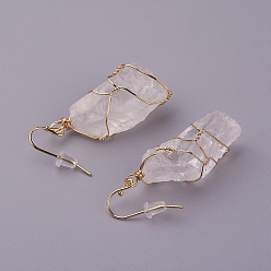 Quartz Crystal Natural Quartz Crystal Dangle Earrings, with Brass Findings and Plastic Ear Nuts, Nuggets, Golden, 22~50x10~23mm, Pin: 0.7mm
