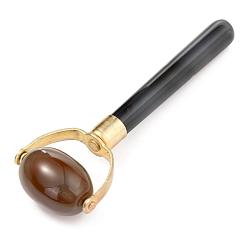 Black Natural Agate Brass Massage Tools, Facial Roller for Skin, Eyes, Neck, Raw(Unplated), Black, 107x35x18mm