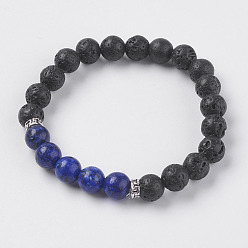 Lapis Lazuli Natural Lava Rock and Natural Lapis Lazuli Beads Stretch Bracelets, with Alloy Finding, 2 inch(52mm)