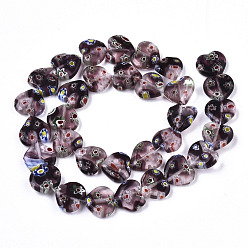 Pourpre Brins de perles au chalumeau fait main millefiori, cœur, pourpre, 11~12x12x4~5mm, Trou: 1mm, Environ 32~33 pcs/chapelet, 12.72 pouces ~ 13.78 pouces (32.3~35 cm)