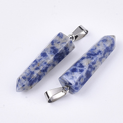 Jaspe Avec Point Bleu Point bleu naturel pendentifs en jaspe, avec les accessoires en laiton de tonalité de platine, balle, 35~37x10~11x9~10mm, Trou: 6~7x2.5~4mm