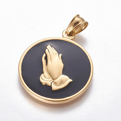 Golden 304 Stainless Steel Pendants, with Enamel, Flat Round with Praying hands, Golden, 38x32x3mm, Hole: 5x7mm