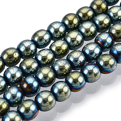 Plaqué Vert Non-magnétiques perles d'hématite synthétique brins, Grade a, ronde, vert plaqué, 4mm, Trou: 1mm, Environ 95~100 pcs/chapelet, 15.5 pouce