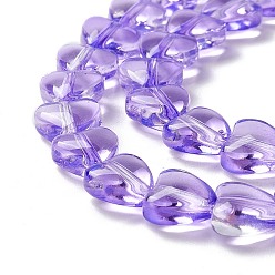 Violet Foncé Transparent perles de verre brin, cœur, violet foncé, 7.5~8.5x8~8.5x4~4.5mm, Trou: 1mm, Environ 44~45 pcs/chapelet, 12.56~12.87 pouce (31.9~32.7 cm)