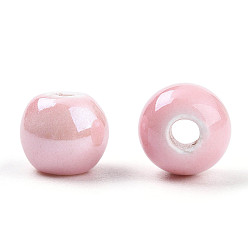 Pink Pearlized Handmade Porcelain Round Beads, Pink, 6mm, Hole: 1.5mm