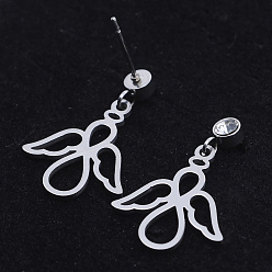 Stainless Steel Color 201 Stainless Steel Dangle Stud Earrings, with Clear Cubic Zirconia, Angel, Stainless Steel Color, 23.5mm, Pin: 0.8mm