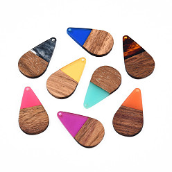 Mixed Color Transparent Resin & Walnut Wood Pendants, Teardrop Shape Charm, Mixed Color, 38x22x3mm, Hole: 2mm