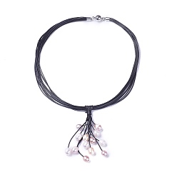 Black Waxed Cord Lariat Necklaces, with Pearl and Brass Magnetic Clasps, Black, 19.3 inch~19.7 inch(49~50cm)