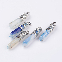 Banded Agate Natural Striped Agate/Banded Agate Big Pointed Pendants, with Alloy Findings, Faceted, Bullet, Platinum, 59~63x11~12mm, Hole: 4x7mm