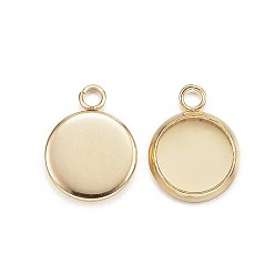 Golden Ion Plating(IP) 304 Stainless Steel Pendant Cabochon Settings, Plain Edge Bezel Cups, Flat Round, Golden, Tray: 8mm, 13x10x2mm, Hole: 2mm