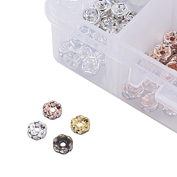 Mixed Color Brass Rhinestone Spacer Beads, Grade AAA, Wavy & Straight Flange, Silver Metal Color, Rondelle, Mixed Color, 6x3mm, Hole: 1mm, about 25pcs/compartment, 200pcs/box