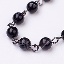 Black Handmade Dyed Natural Striped Agate/Banded Agate Beaded Chains, Unwelded, for Necklaces Bracelets Making, with Brass Eye Pin, Gunmetal, Black, 39.37 inch(1000mm)