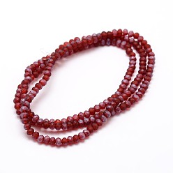 Dark Red Half Rainbow Plated Faceted Rondelle Glass Bead Strands, Frosted, Dark Red, 4~4.5x3~3.5mm, Hole: 0.8mm, about 150pcs/strand, 15.1 inch