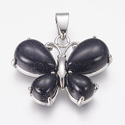 Blue Goldstone Synthetic Blue Goldstone Pendants, Butterfly, with Brass Finding, Platinum, 24x30x7.5mm, Hole: 4x7.5mm