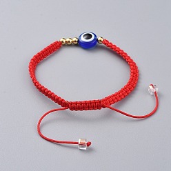 Rouge Bracelets de perles tressées en fil de nylon, bracelets ficelle rouge, avec des perles de résine mauvais œil et des perles en laiton, or, rouge, 2-1/8 pouces ~ 3-1/8 pouces (5.3~8 cm)