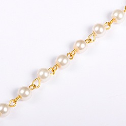 Beige Handmade Round Glass Pearl Beads Chains for Necklaces Bracelets Making, with Golden Iron Eye Pin, Unwelded, Beige, 39.3 inch, Bead: 6mm