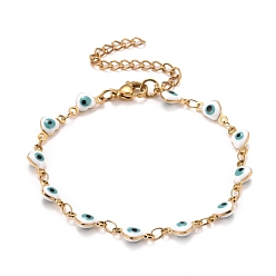 White Enamel Heart with Evil Eye Link Chains Bracelet, Vacuum Plating 304 Stainless Steel Jewelry for Women, Golden, White, 6-7/8 inch(17.5cm)