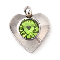 Peridot 304 Stainless Steel Charms, with Acrylic Rhinestone, Faceted, Birthstone Charms, Heart, Stainless Steel Color, Peridot, 8.2x7.2x3.2mm, Hole: 1mm