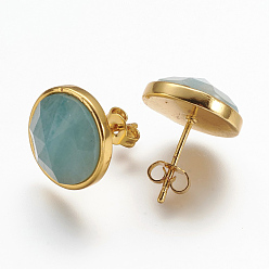 Amazonite Natural Amazonite Ear Studs, with Brass Findings, Golden, Flat Round, 15mm, Pin: 0.8mm