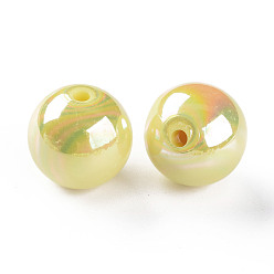 Jaune Perles acryliques opaques, de couleur plaquée ab , ronde, jaune, 20x19mm, Trou: 2~3mm, environ111 pcs / 500 g