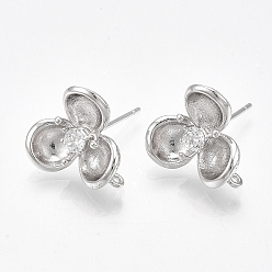 Real Platinum Plated Brass Cubic Zirconia Stud Earring Findings, with Loop, Flower, Clear, Nickel Free, Real Platinum Plated, 15.5x14.5mm, Hole: 1mm, Pin: 0.8mm