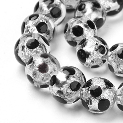 Black Handmade Silver Foil Lampwork Beads Strands, Round, Polka Dot Pattern, Black, 12mm, Hole: 1mm, 25pcs/strand, 11.2 inch