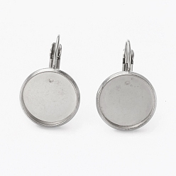 Stainless Steel Color 304 Stainless Steel Leverback Earring Findings, with Flat Round Setting for Cabochon, Stainless Steel Color, 20.5~22.5x13.5mm, Pin: 0.7mm, Tray: 12mm