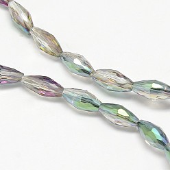 Dark Sea Green Electroplate Crystal Glass Rice Beads Strands, Faceted, Rainbow Color Plated, Dark Sea Green, 4x9mm, Hole: 1mm, about 58pcs/strand, 20.4 inch