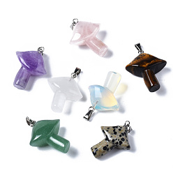 Mixed Stone Natural Mixed Gemstone Pendants, with Stainless Steel Snap On Bails, Mushroom, Stainless Steel Color, 27.5~28.5x23~25x9.5~10.5mm, Hole: 3x5mm