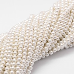 Белый Оболочки нити шарик перлы, класс А, круглые, белые, 4 мм, отверстие : 1 мм, около 95 шт / нитка, 16 дюйм