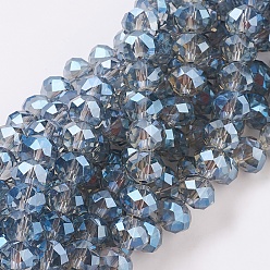 Blue Electroplate Glass Beads Strands, Faceted Rondelle, Blue, 10x8mm, Hole: 1mm, about 63~65pcs/strand, 19.2~20 inch(48~50cm)