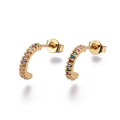 Golden Brass Micro Pave Cubic Zirconia Stud Earrings, Half Hoop Earrings, with Brass Ear Nuts, Moon, Colorful, Golden, 18.5x11x2mm, Pin: 0.7mm