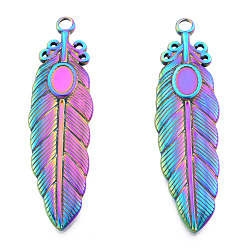 Rainbow Color Rack Plating 201 Stainless Steel Pendant Settings for Enamel, Feather, Rainbow Color, Tray: 4x6mm, 46.5x13x2mm, Hole: 2.5mm