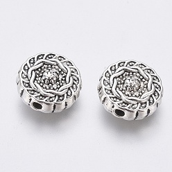 Argent Antique Perles en alliage de style tibétain, sans plomb et sans cadmium, plat rond, couleur argent antique, 10x4mm, Trou: 1.5mm