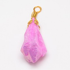 Hot Pink Electroplate Golden Wire Wrapped Gemstone Natural Rough Raw Crystal Pendants, Nuggets, Hot Pink, 40~80x14~30mm, Hole: 3~4mm