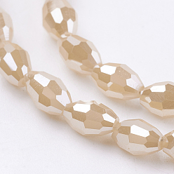 Navajo White Electroplate Glass Beads Strands, Full Pearl Luster Plated, Faceted, Oval, Navajo White, 6x4mm, Hole: 1mm, about 72pcs/strand, 16 inch