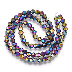  Electroplate Glass Bead Strands, Rainbow Plated, Faceted Bicone, Multi-color Plated, 4x4.5mm, Hole: 1mm, about 92~96pcs/strand, 13.78~14.37 inch