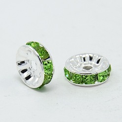 Peridot Brass Grade A Rhinestone Spacer Beads, Silver Color Plated, Nickel Free, Peridot, 10x4mm, Hole: 2mm