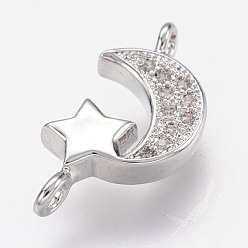 Platinum Brass Micro Pave Cubic Zirconia Links, Moon and Star, Platinum, 16.5x8.5x3mm, Hole: 1.5mm
