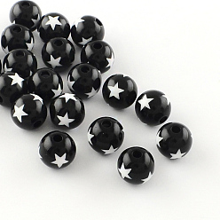 Black Star Pattern Opaque Acrylic Beads, Round, Black, 19~20x18mm, Hole: 3mm, about 116pcs/500g