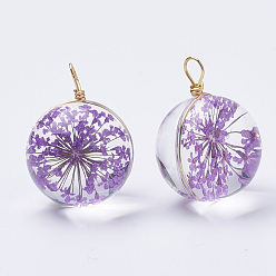 Medium Purple Glass Pendants, with Dried Flower Inside & Brass Findings, Round, Golden, Medium Purple, 19x14mm, Hole: 2mm