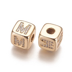 Letter M Brass Micro Pave Cubic Zirconia Beads, Horizontal Hole, Real 18K Gold Plated, Long-Lasting Plated, Cube with Letter, Clear, Letter.M, 9x9x9mm, Hole: 3.5mm