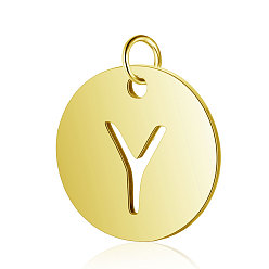 Letter Y 304 Stainless Steel Charms, Flat Round with Letter, Golden, Letter.Y, 12x1mm, Hole: 2.5mm