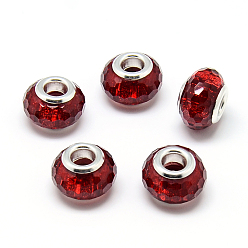 Mixed Color Resin European Beads, Large Hole Beads, with Silver Color Plated Brass Cores, Faceted, Rondelle, Large Hole Beads, Mixed Color, 13.5~14.5x9mm, Hole: 5mm