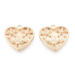 Real 18K Gold Plated Brass Charms, Cadmium Free & Nickel Free & Lead Free, Heart with Flower, Real 18K Gold Plated, 14x14x2mm, Hole: 1.2mm
