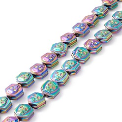 Plaqué Multicolore Galvanoplastie synthétiques perles d'hématite non-magnétiques brins, pour le thème d'halloween, polygone avec crâne, multi-couleur plaquée, 10.5x8x5.5mm, Trou: 1mm, Environ 44 pcs/chapelet, 16.14 pouce (41 cm)