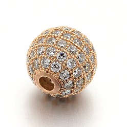 Rose Gold CZ Brass Micro Pave Cubic Zirconia Round Beads, Rose Gold, 1/4 inch(6mm), Hole: 1.5mm