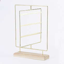 Golden Rotating Iron 3-Tier Earring Display Stand, for Hanging Dangle Earring, with Wood Pedestal, Rectangle, Golden, 25.3x35.6x7.4cm