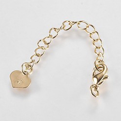Real 18K Gold Plated Long-Lasting Plated Brass Chain Extender, with Lobster Claw Clasps and Heart Tips, Real 18K Gold Plated, 65x3mm, Hole: 2.5mm